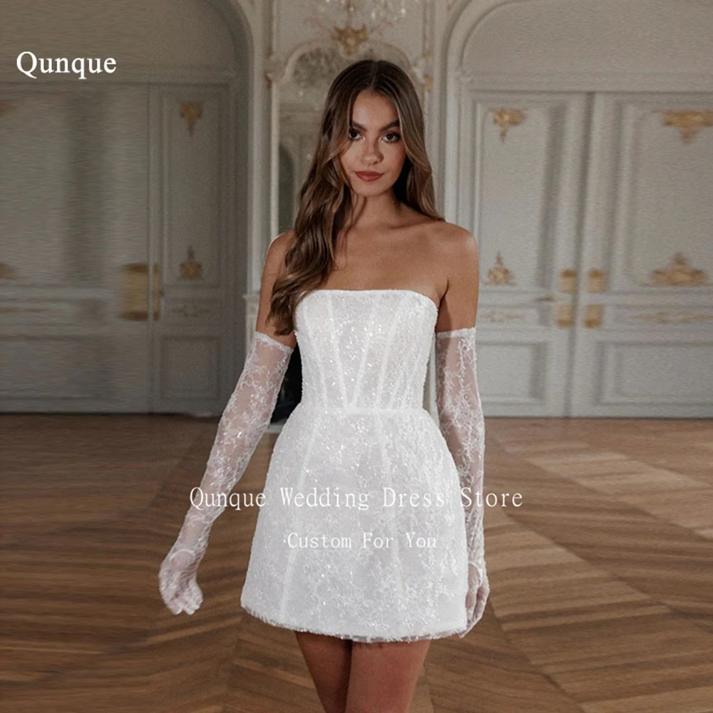 Qunque Sparkly Lace Wedding Gowns for Women 2024 Bride Luxury Short Mermaid No Gloves Corset Back Shiny Party Dresses Customized