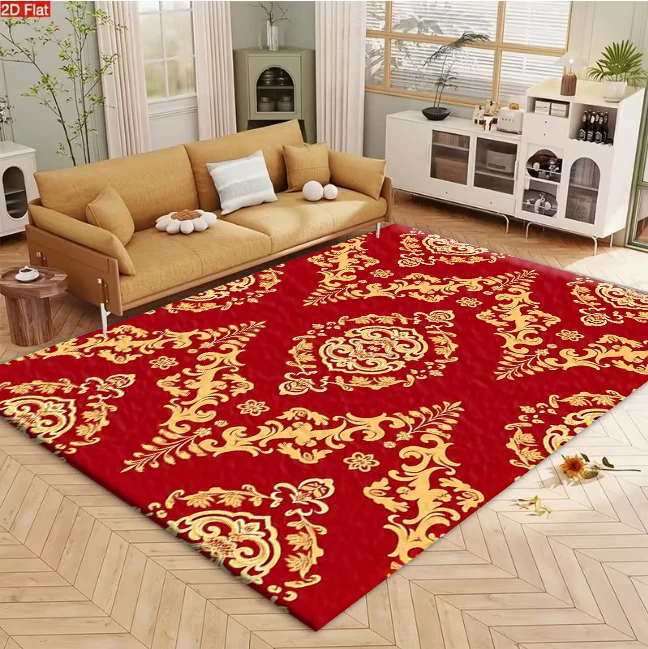Luxury Red Gold Baroque Damask Ornate Floral carpet flooring, Classic European Vintage Symmetrical Pattern Area Rug for Living Room Bedroom Home Interior