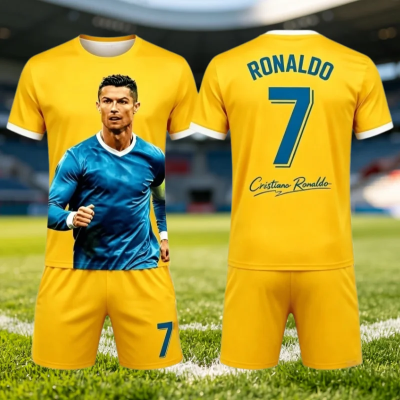 Summer New Fashion Ronaldo #7 Football Jersey Training Match Short Sleeve T-shirt and Shorts Set Loose Causal Family Kids Tees