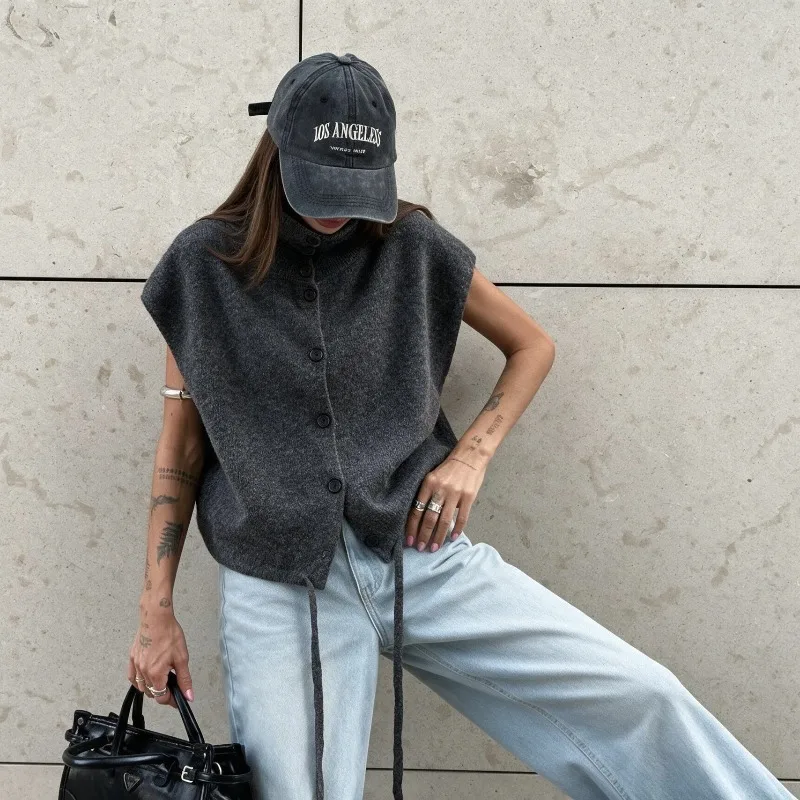 New Autumn Fashion for Women with A Simple Cross-border Stand-up Collar, Single-breasted Hem, A Lace-up Knitted Vest Versatile.