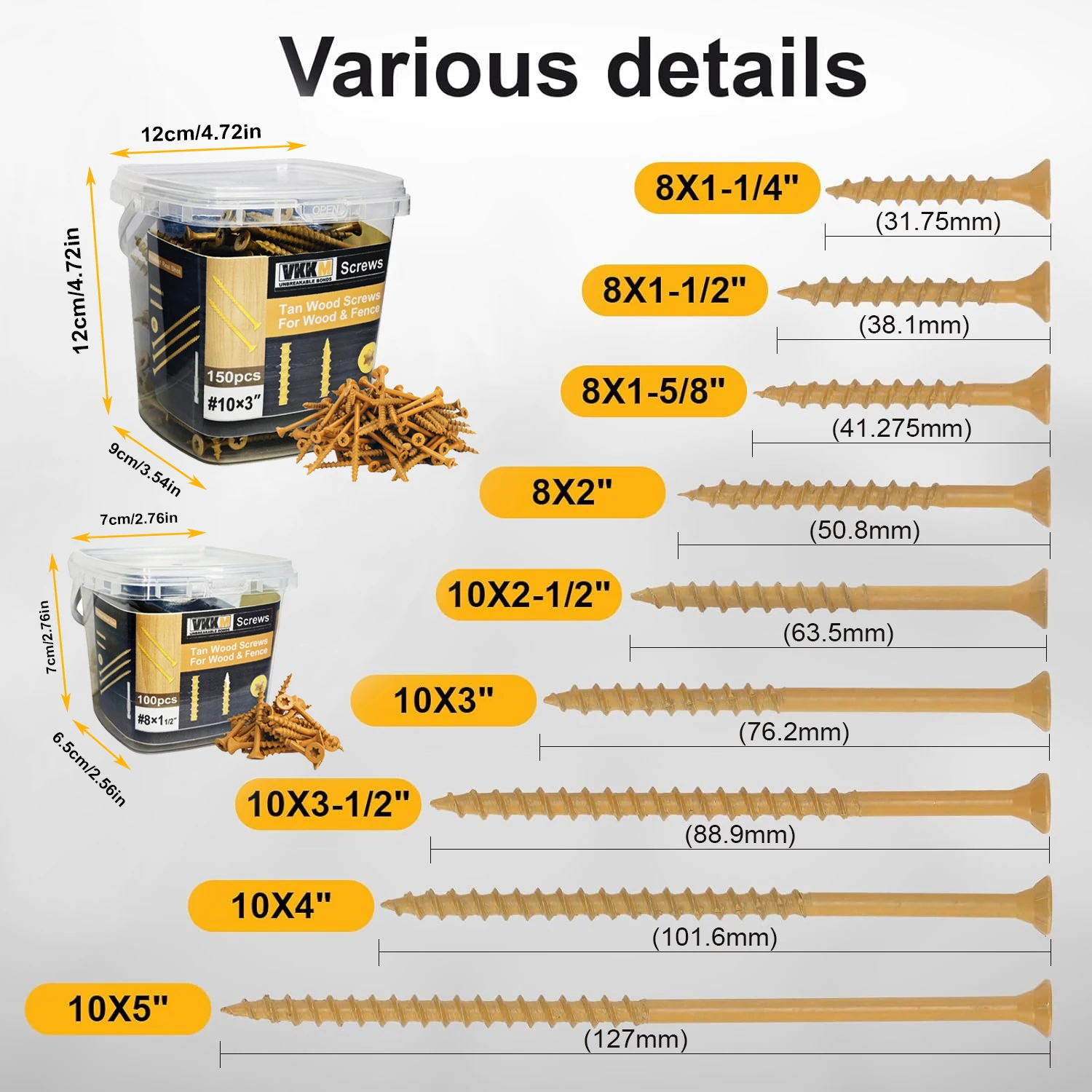 VKKM 8*1-1/2" Yellow Wood Screws Torx Head Carbon Steel - Free T25 Bit (100/300/450PCS Pack)