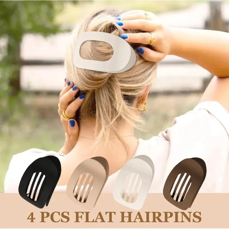 جديد لحزمة الشعر السميك والرقيق مكونة من 4 مقاطع شعر مسطحة غير لامعة ذات ألوان محايدة مشبك مخلب مسطح للنساء مشبك شعر مستدير