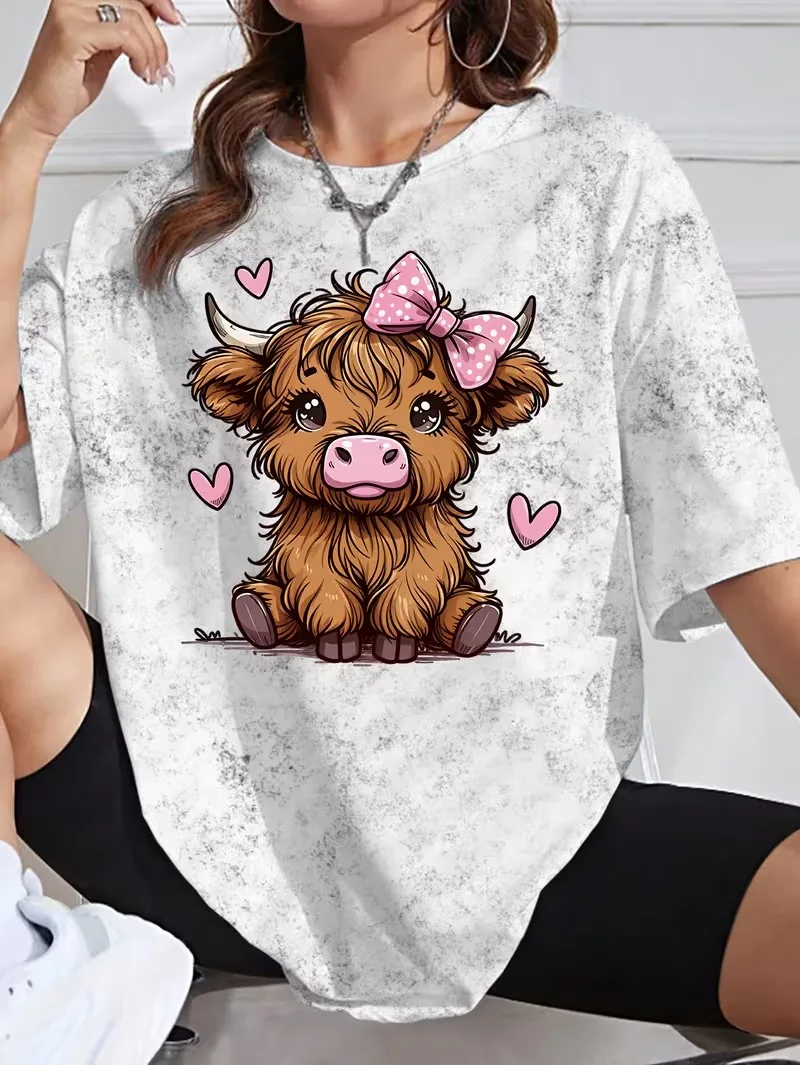 Cute Highland Cattle Printed Women's Round Neck T-Shirt Top Fashion Summer Street Y2K Short Sleeved Casual Shirt Women Clothing