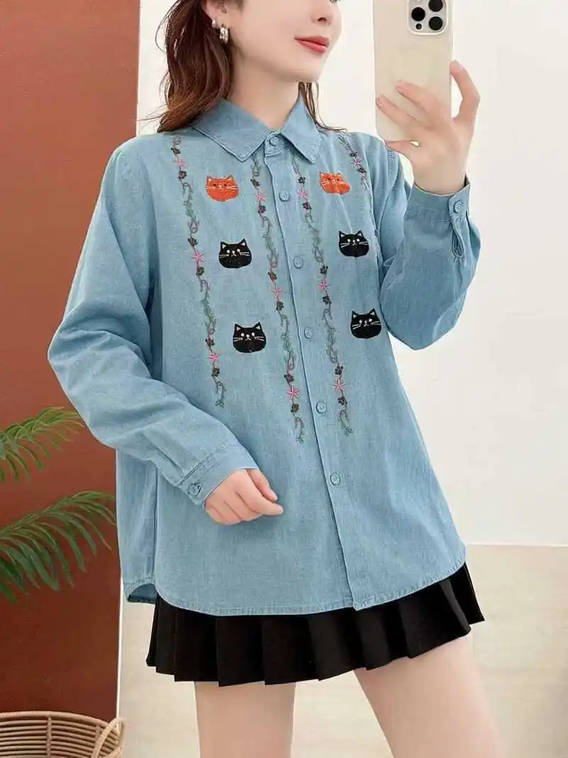 Japanese Vintage Mori Girl Cartoon Cat Embroidery Denim Shirts Women Autumn Turn Down Collar Long Sleeve Casual Jeans Blouse Top