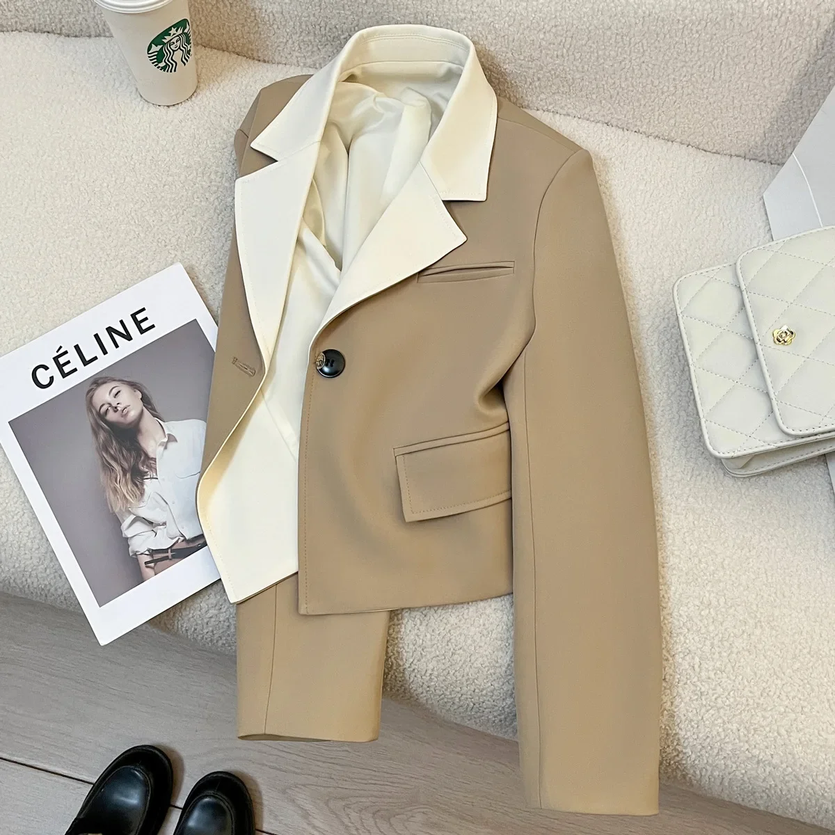 HZBW 2024 Spring New Khaki Short Suit Coat Women's Panel Design Sense, Elegant and Casual Suit coats  blazers for women