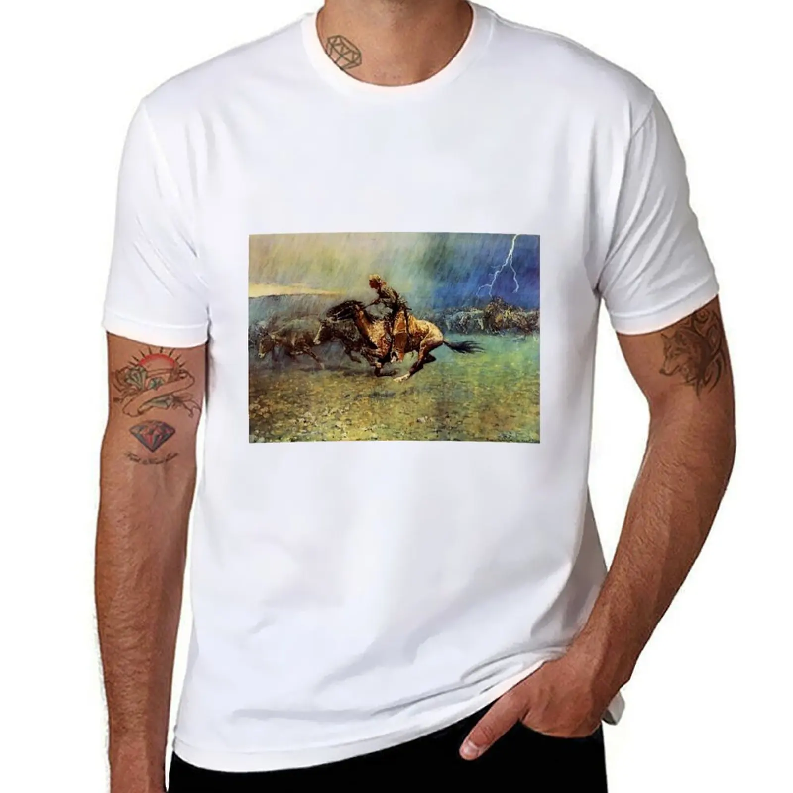 

Frederick Remington Western Art “The Stampede” T-Shirt anime t shirts for man man t shirt cotton high quality T-Shirt