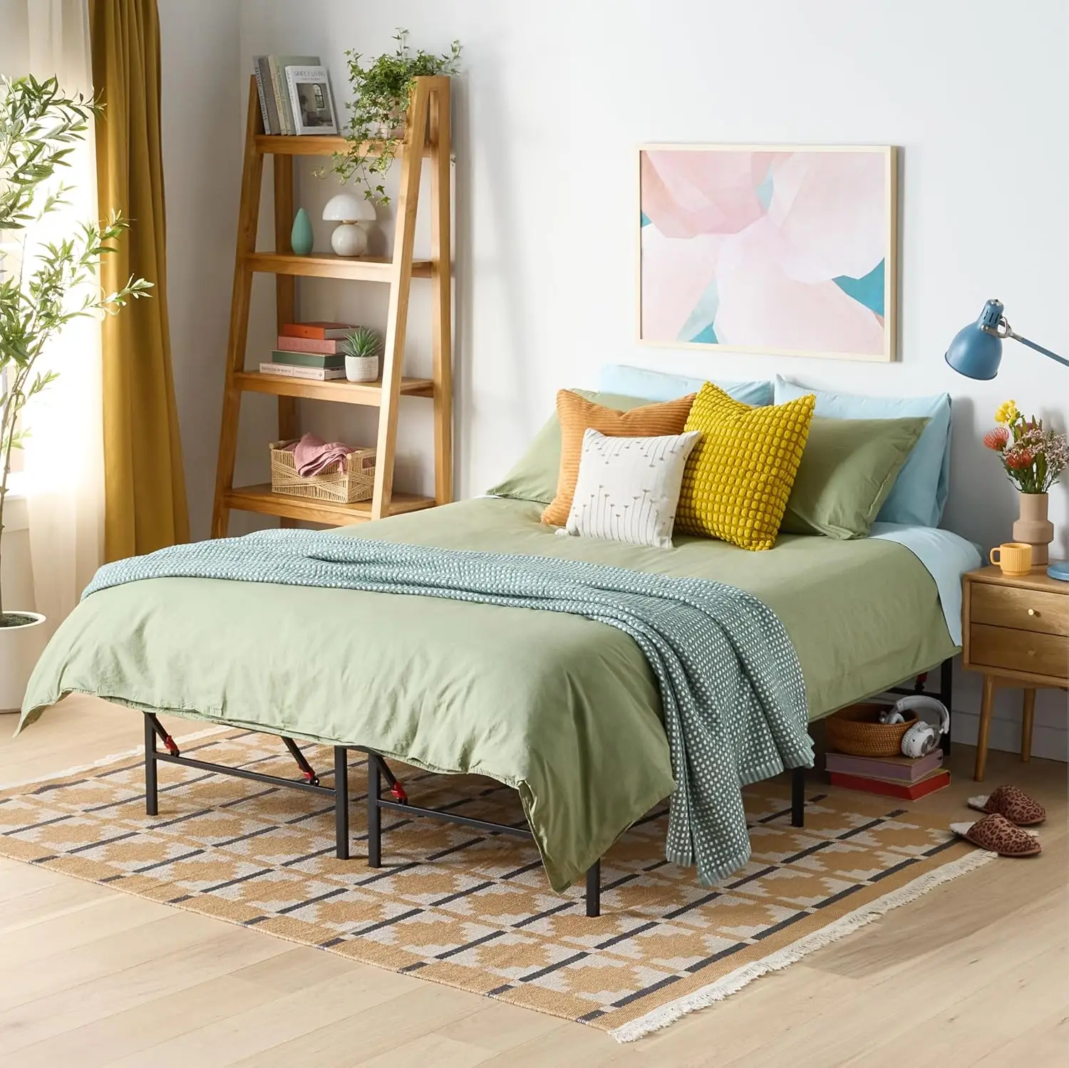 Queen Bed Frame with Storage, Foldable Metal Platform, Sturdy Steel, No Box Spring Needed, 14-Inch High, Tool-Free Setup, Noise