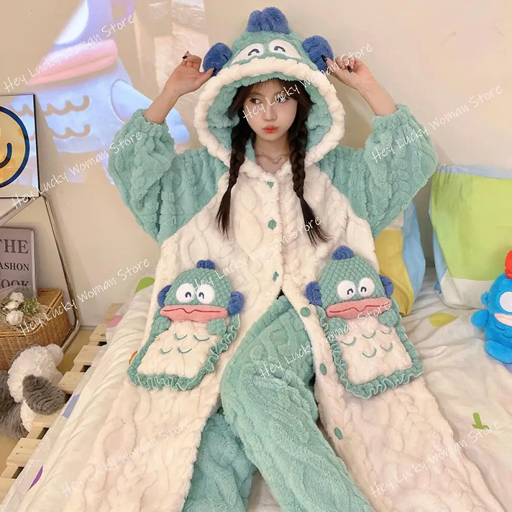 Sanrios Hangyodon Pajamas Woman Kawaii Anime Cartoon Autumn Winter Student Hooded Night-Robe Pants Coral Velvet Warm Loungewear