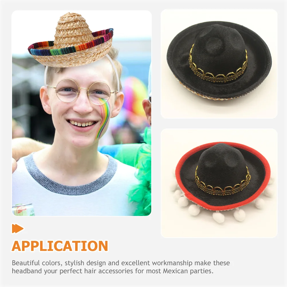 6 Pcs Mexican Sombrero Hair Accessories Fabric Hats Party Decorations Headband Hairband Headbands