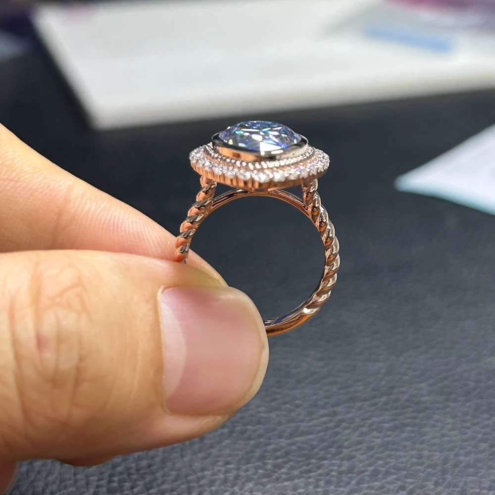 

10K Solid Rose Gold Ring Main Stone Pear Cut 8 Carats Blue Moissanite Diamond Rings