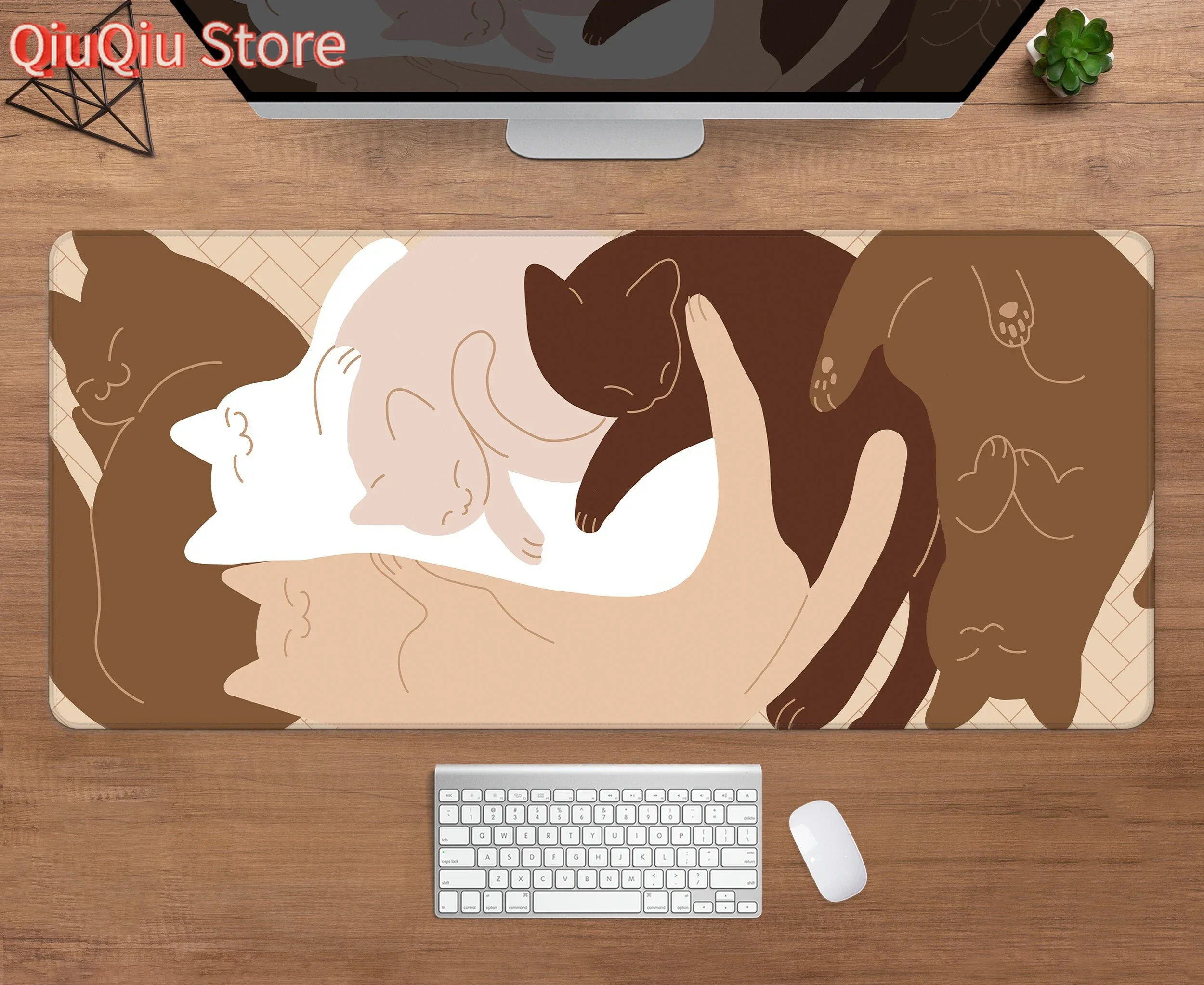 Süße Katzen Schreibtischunterlage Beige Braun Schlafende Katzen Mousepad Ästhetisches großes Mauspad XXL Gaming Schreibtischunterlage Kawaii Tastatur Mauspad
