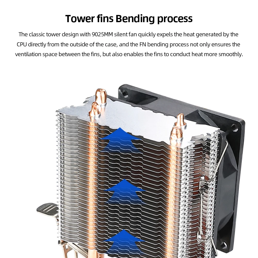 Ventilador de refrigeração rgb, 2 tubos de calor, 9cm, cpu, rolamentos hidráulicos, efeito de luz colorido, acessórios de computador mudos para intel amd