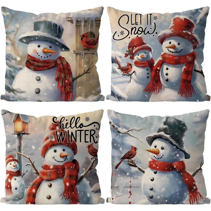 

Christmas Pillow Covers 18x18 Set of 4 Snowman Pillow Case Vintage Xmas Winter Home Decor Living Room House Decorative