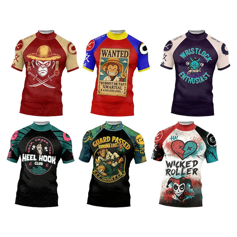 جديد جيو جيتسو Mma Rashguard Bjj تي شيرت الرجال ضغط التدريب قصيرة الأكمام تصارع قميص لا GI الملاكمة فنون الدفاع عن النفس ارتداء