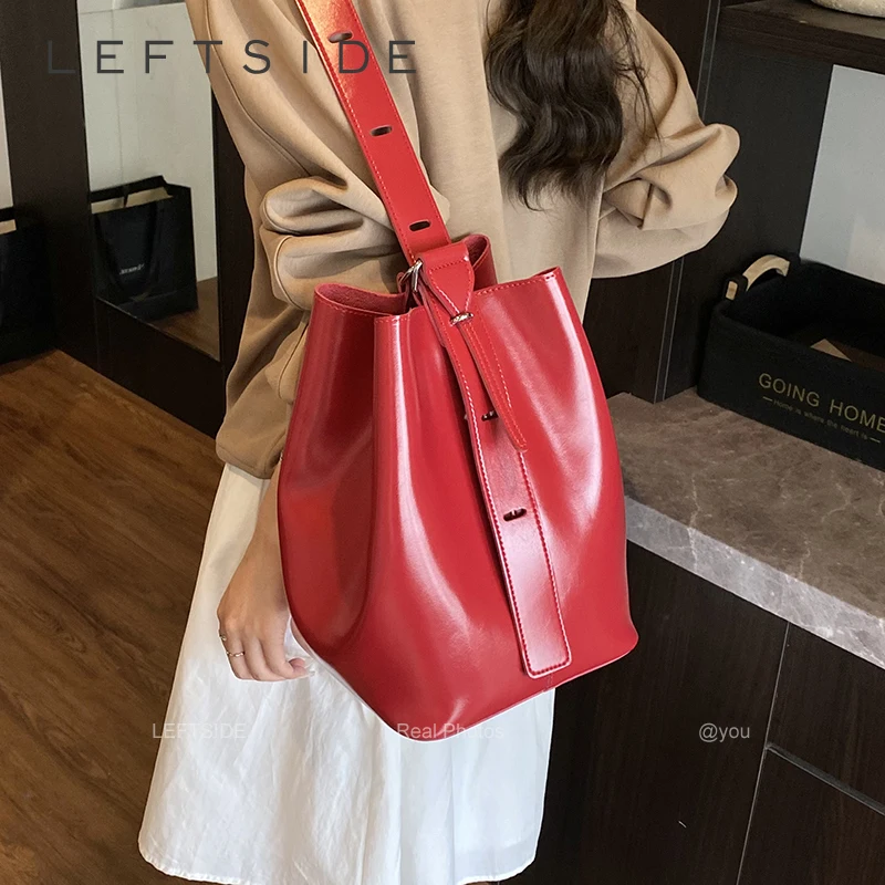 

LEFTSIDE PU Leather Bucket Bag for Women Shoulder Bags 2025 Designer Solid Color Crossbody Bag Lady Luxury Handbags and Purses