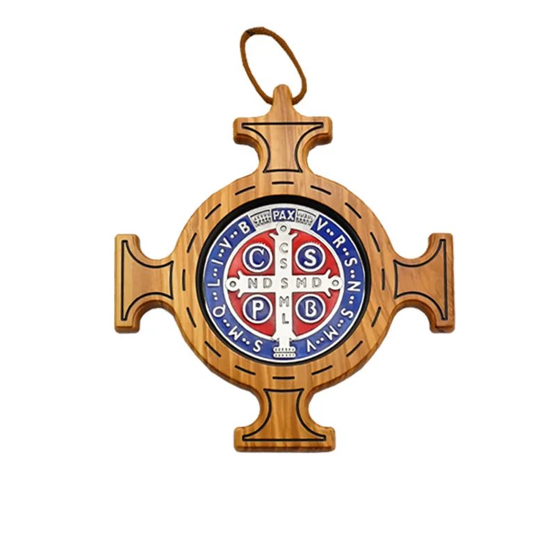 

Christianity Olive Wood Cross, Saint Benedict's Plaque, Enamel 20x20cm, Italy