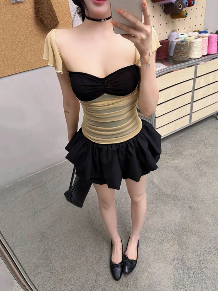 ReddaChic Fly Sleeve Corset Top Skorts Women Matching Set Cutecore Square Neck Top Ruffle Puffy Shorts Balletcore Summer Clothes