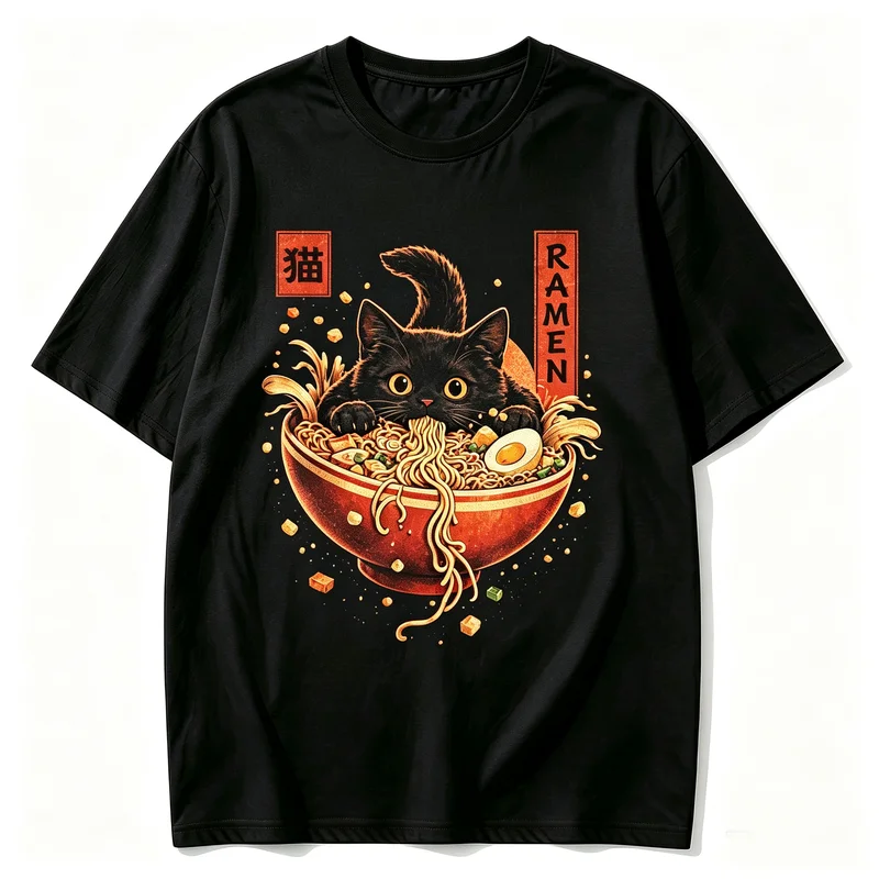 Cute Black Cat in Ramen Bowl Tshirt Japanese Aesthetic Graphic Tee Men Casual Short Sleeve Cotton T Shirt Gift for Pet Food Fan