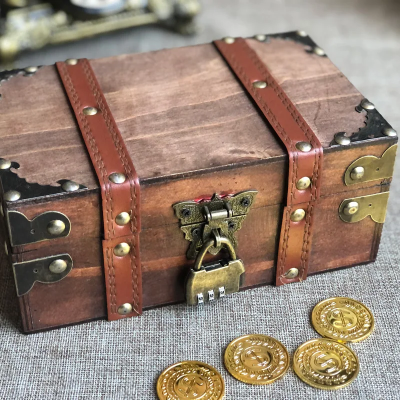 Retro Wooden Storage Box Retro Treasure Jewelry Necklace Postcard and Small Objects Storage Case Trinket Chest with Lock