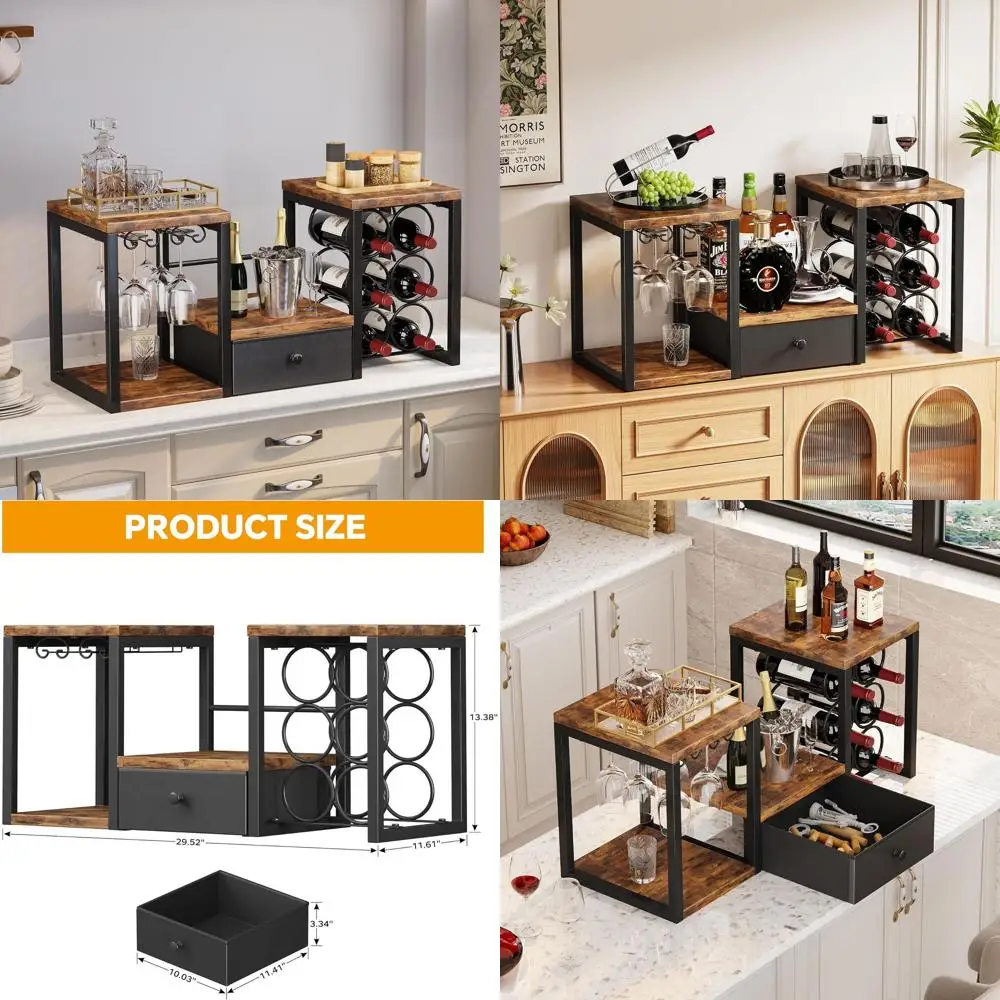 

Freestanding Rustic Brown Wine Rack with Glass Holder, Countertop Storage, and Drawer for Kitchen or Home Bar