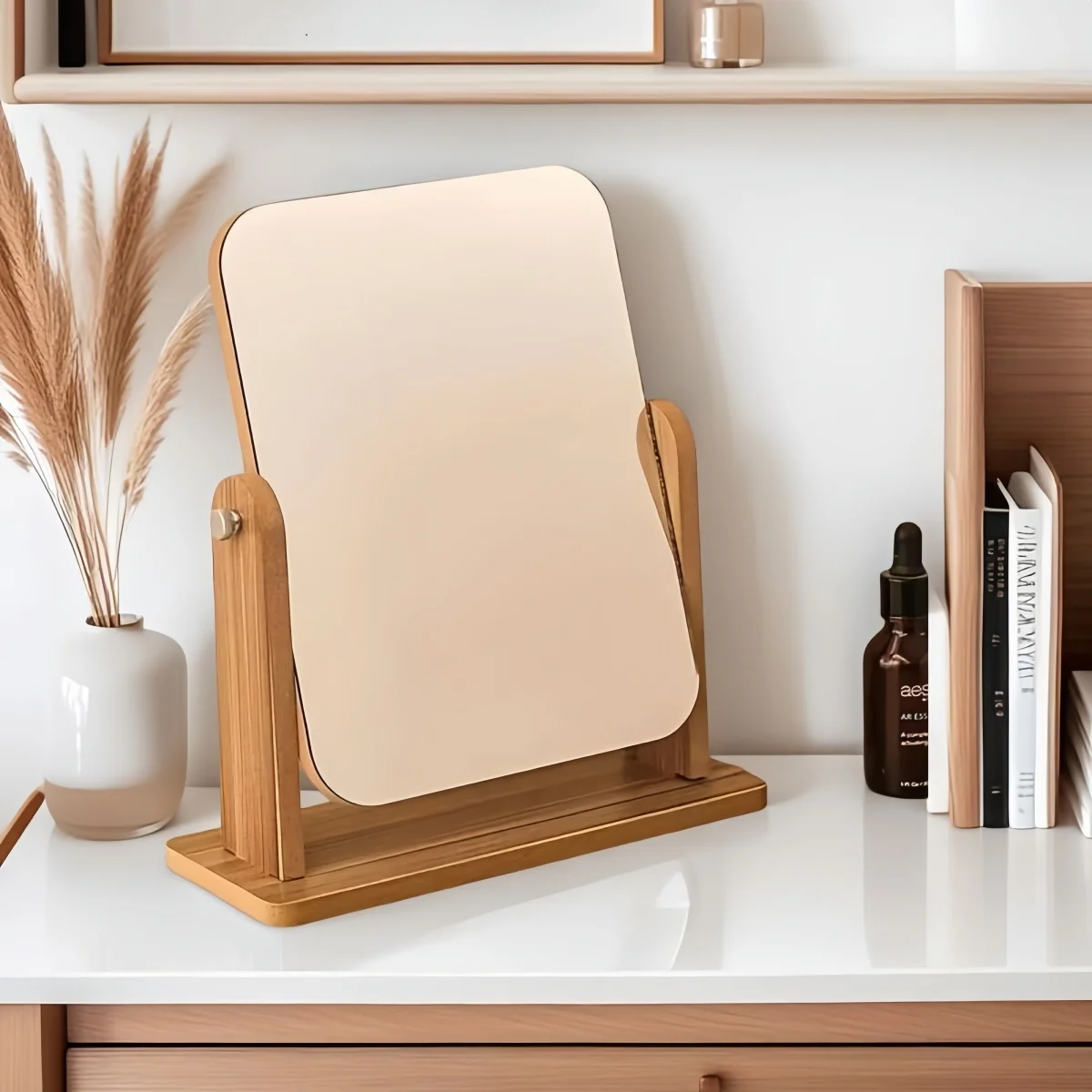 مرآة مكياج خشبية اختيارية قابلة للتعديل بزاوية 360 درجة، مرآة تجميل أوروبية بسيطة، مرآة ألوان خشبية طبيعية #2