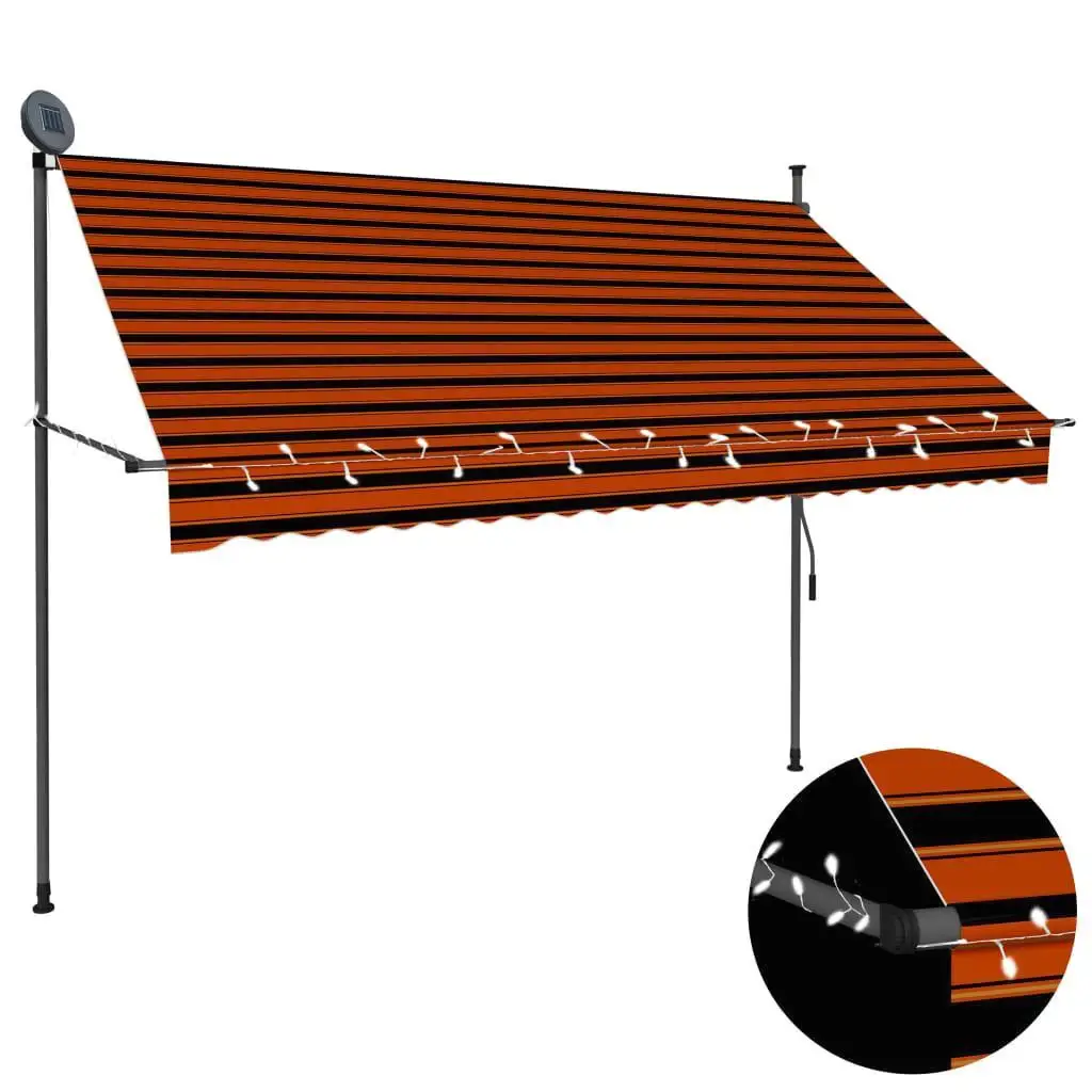 250 cm Manual Retractable Awning with LED Lighting - Stylish Orange & Brown Design