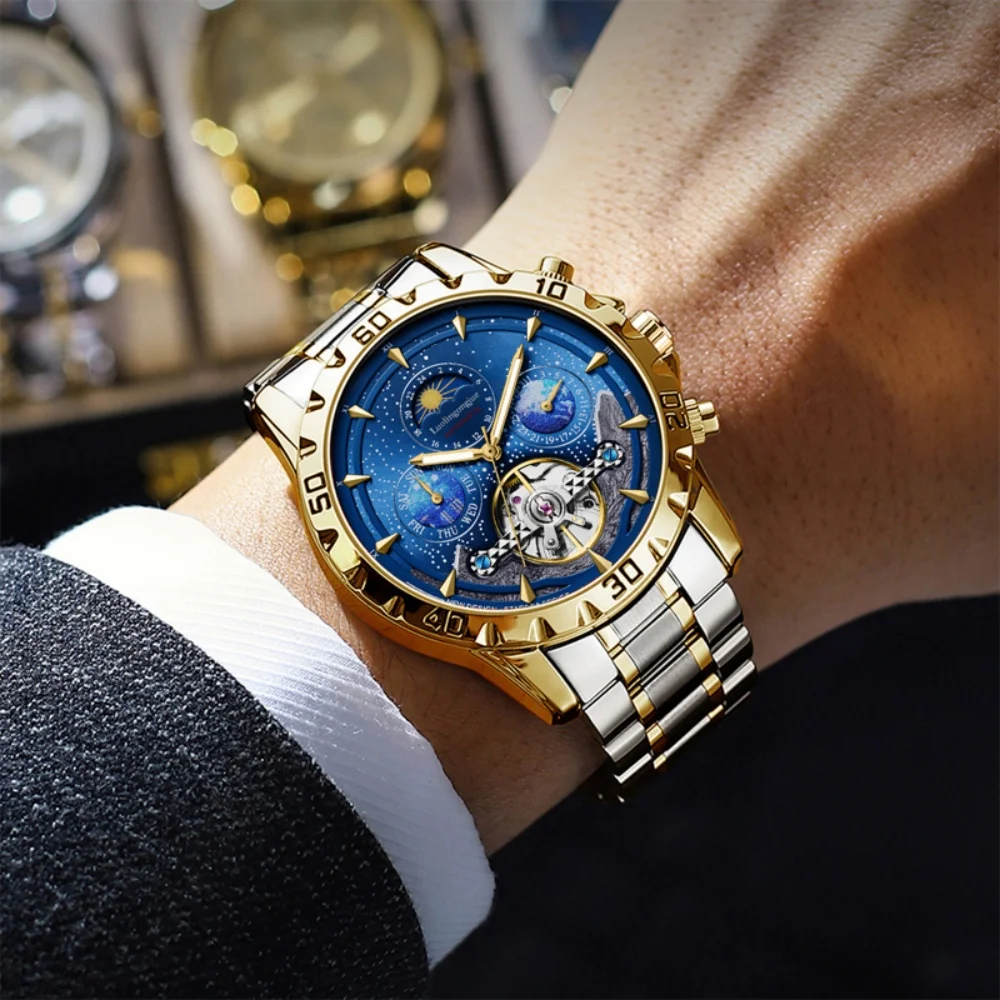 ساعة ميكانيكية رجال الأعمال الفاخرة، ساعة ميكانيكية أوتوماتيكية بالكامل مجوفة من السماء المرصعة بالنجوم للرجال، ساعة يد رجالية عصرية مضيئة مقاومة للماء، حزام من الفولاذ المقاوم للصدأ، قرص دائري عالي القيمة #1