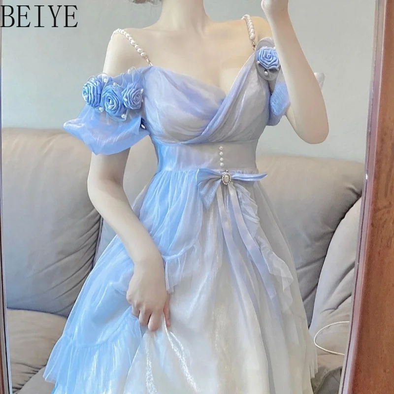 Lolita Flower Marriage Gradual Dresses for Women Blue Princess Sweet Elegant Lady Dress Female Lolita Rose Off Shoulder Dress