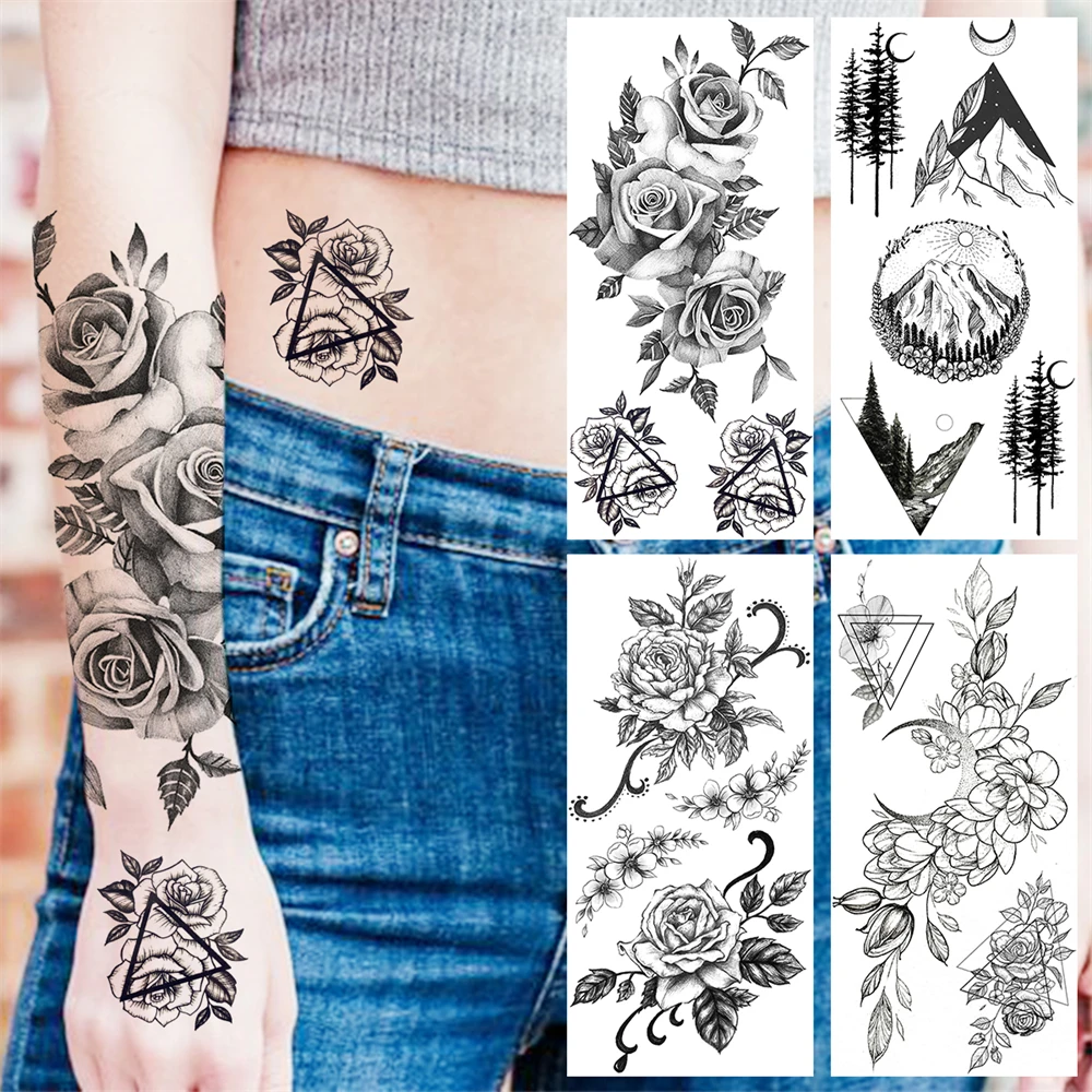

Временные татуировки для женщин, реалистичные геометрические наклейки с розами, цветами, поддельными геометрическими мотивами, горными лесом, луной, моющиеся татуировки для боди-арта