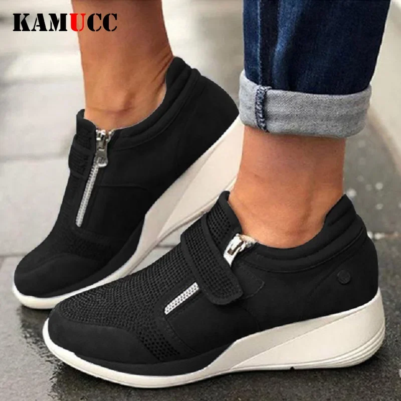 KAMUCC Woman Wedge Sneaker Women Casual Shoes Breathable Women Non-slip PU Leather Increased Shake Shoes Sneakers Size 35-43