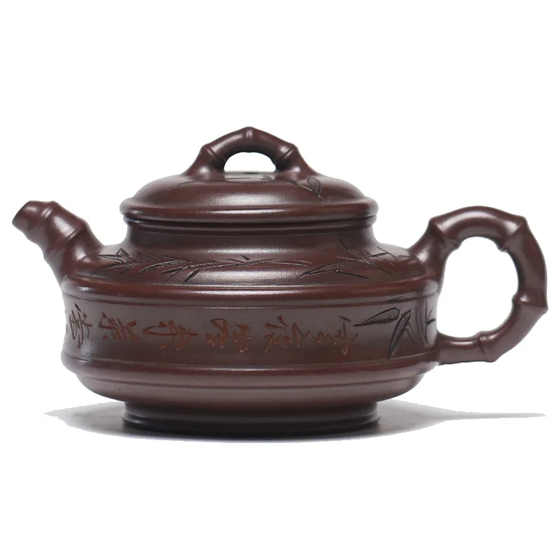 Wholesale Authentic Yixing Original Ore Iron Blood Red Purple Clay Fully Hand-Carved Double Line Bamboo Drum Teapot Tea Set