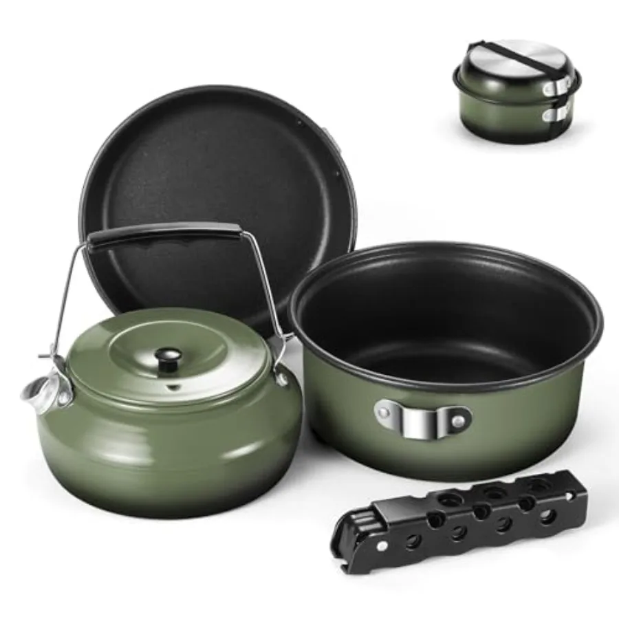 5pcs Camping Cookware Non-Stick Camping Pot and Pan Set with Kettle and Removable Handle for Hiking Backpacking and Picnic