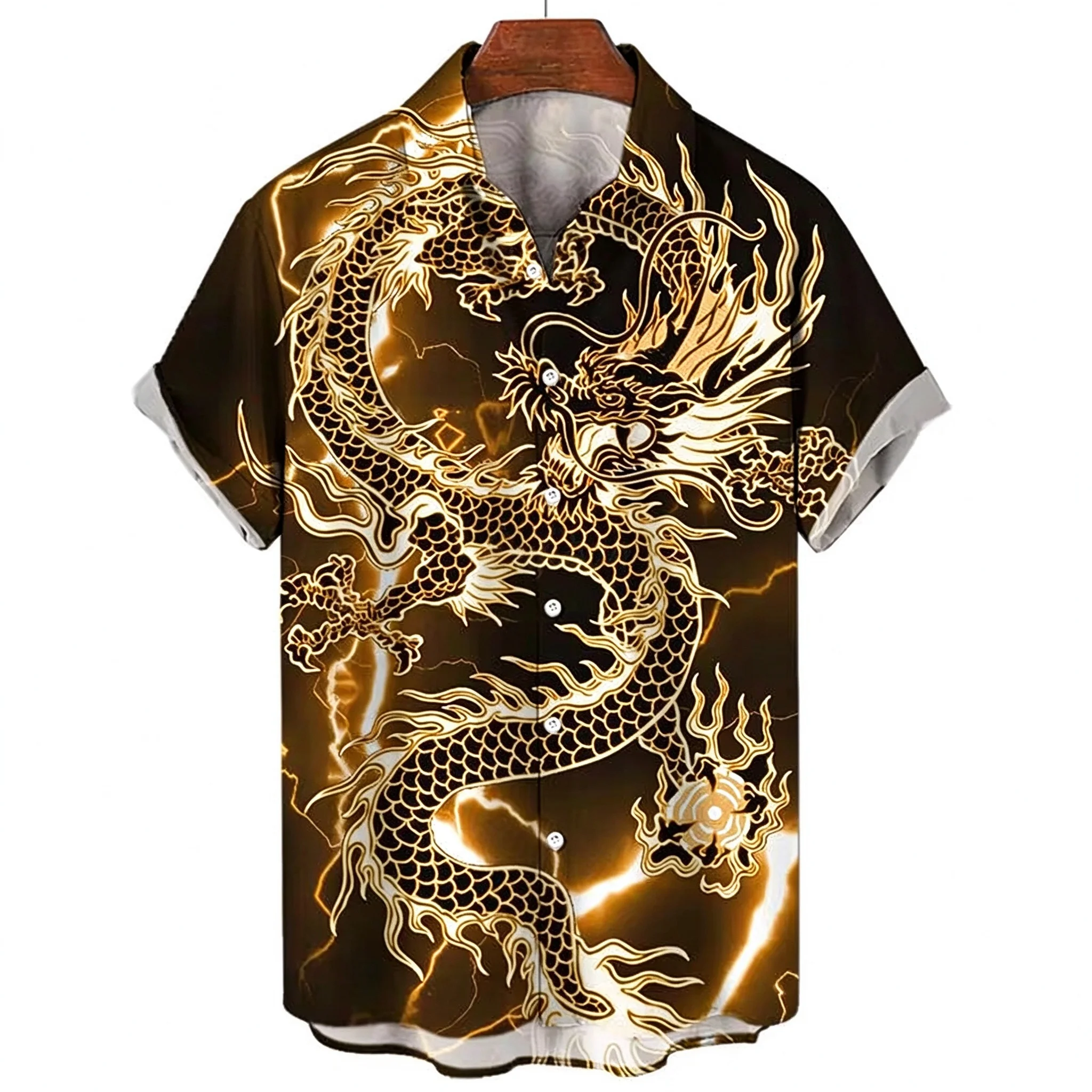 Chinese Dragon Hawaiian Shirt Mens Mythical Asian Tattoo Graphic Short Sleeve Button Down Summer Beach Aloha Vintage Casual Cool