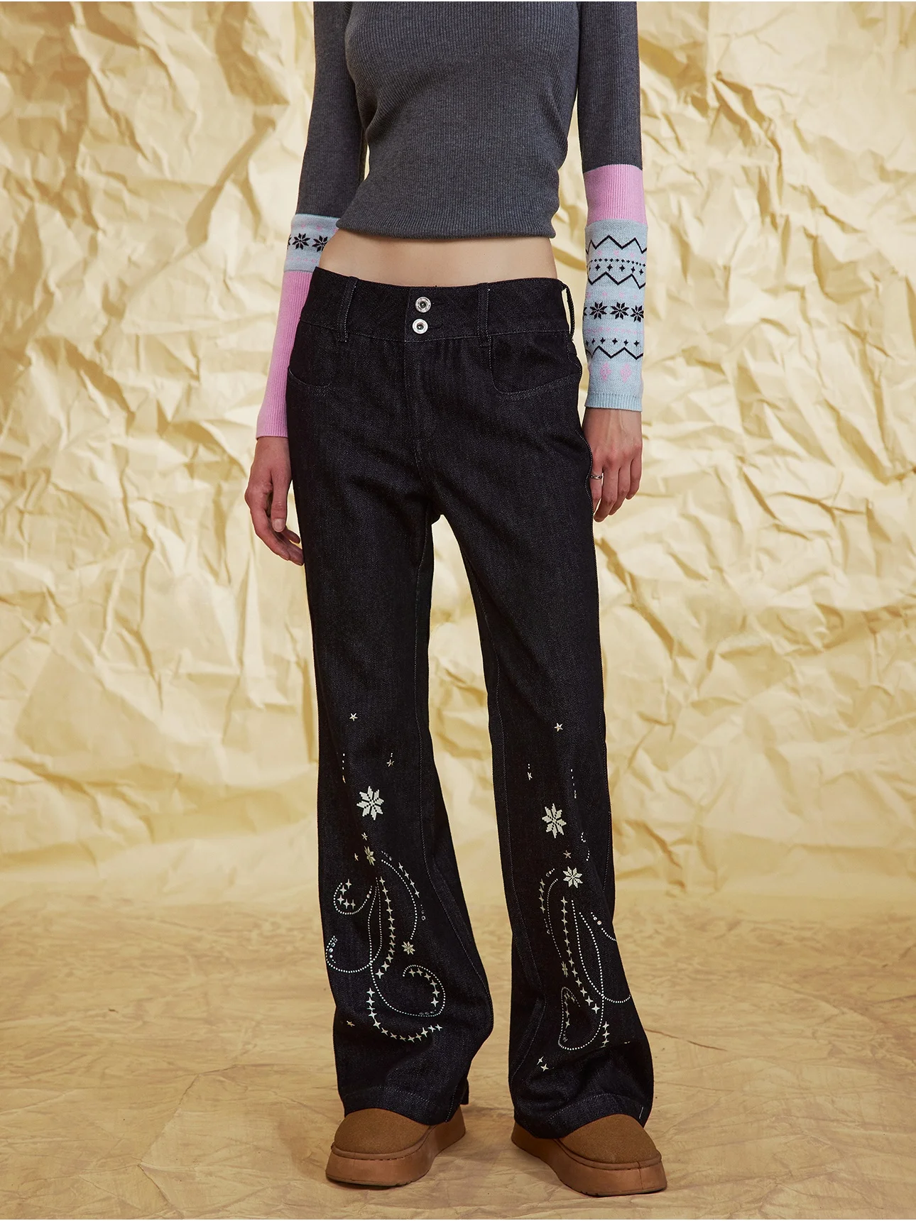 

Джинсы-клеш с низкой талией, винтажный принт, Hikecar 3328N037, женские повседневные модные из смесового хлопка