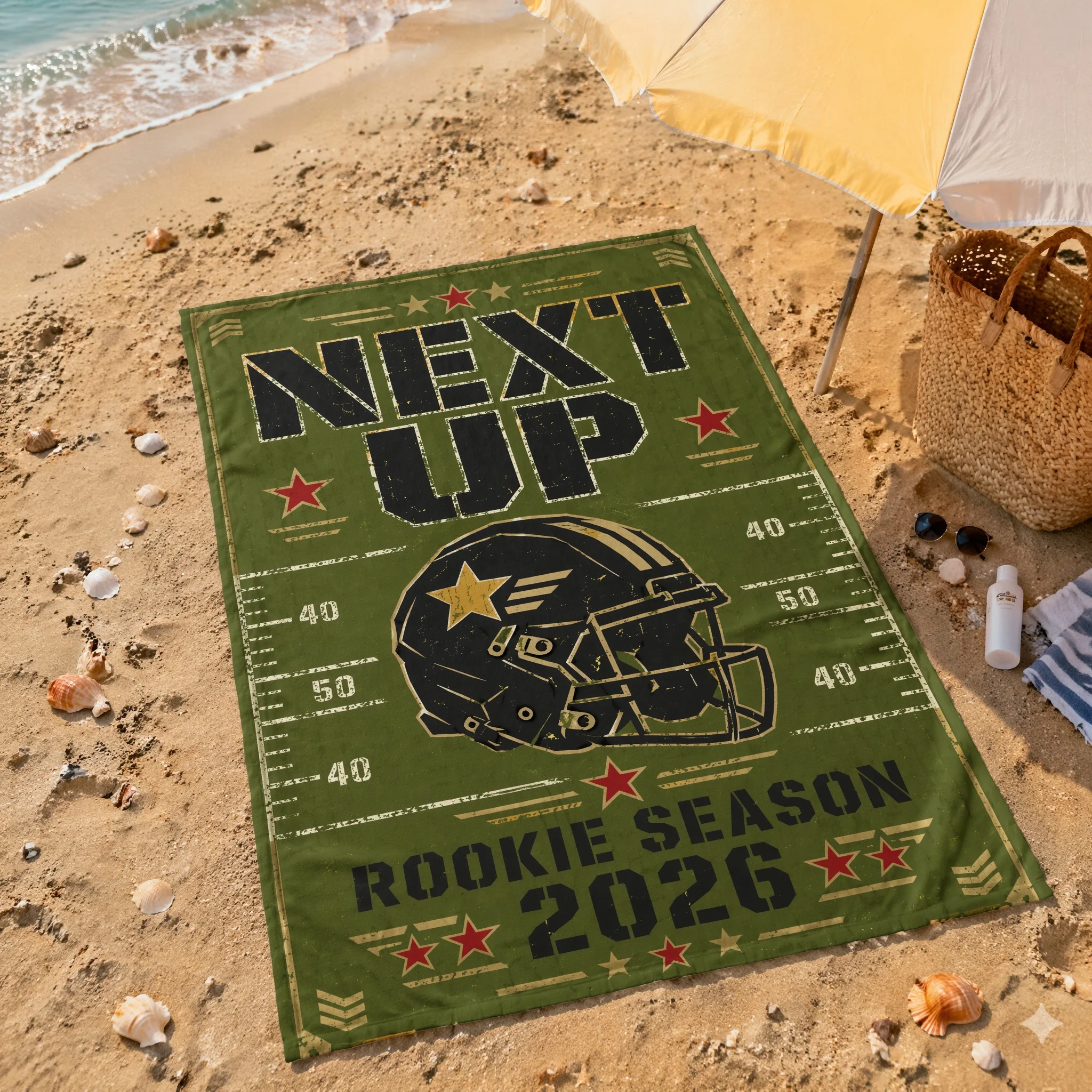 Army Green Rookie Football Retro Print Beach Towel, Suitable For Beach, Swimming Pool, Vacation, Unique Holiday Gift - view 2