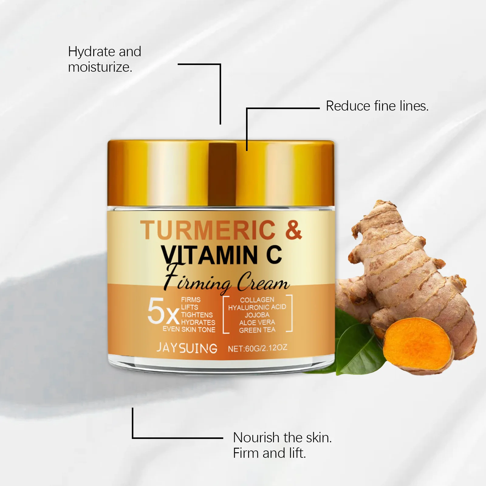 JAYSUING Turmeric Vitamin C Face Cream Firm Improve Roughness Sodium Hyaluronate Supplement Collagen Protein Facial Sooth Cream