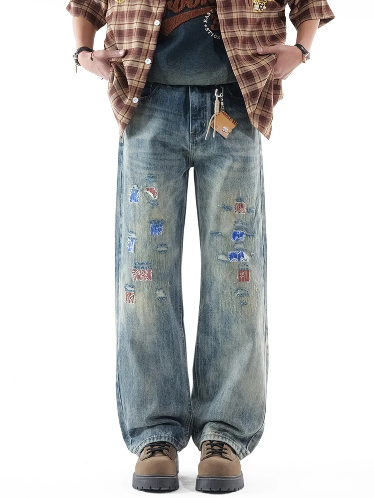 

KSTUN Men Heavy Craft Distressed Wide Leg Jeans Vintage Washed Patchwork Baggy Streetwear Male Denim Trousers No Decorations