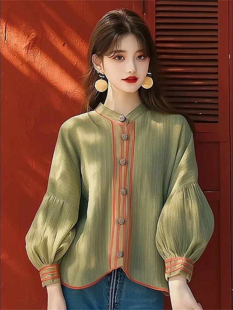 Ele Loose Fit Lantern Sve irt Dames Casual Sle Patchwork Opstaande Kraag Zonbescherming Top Leeftijd Defng Design