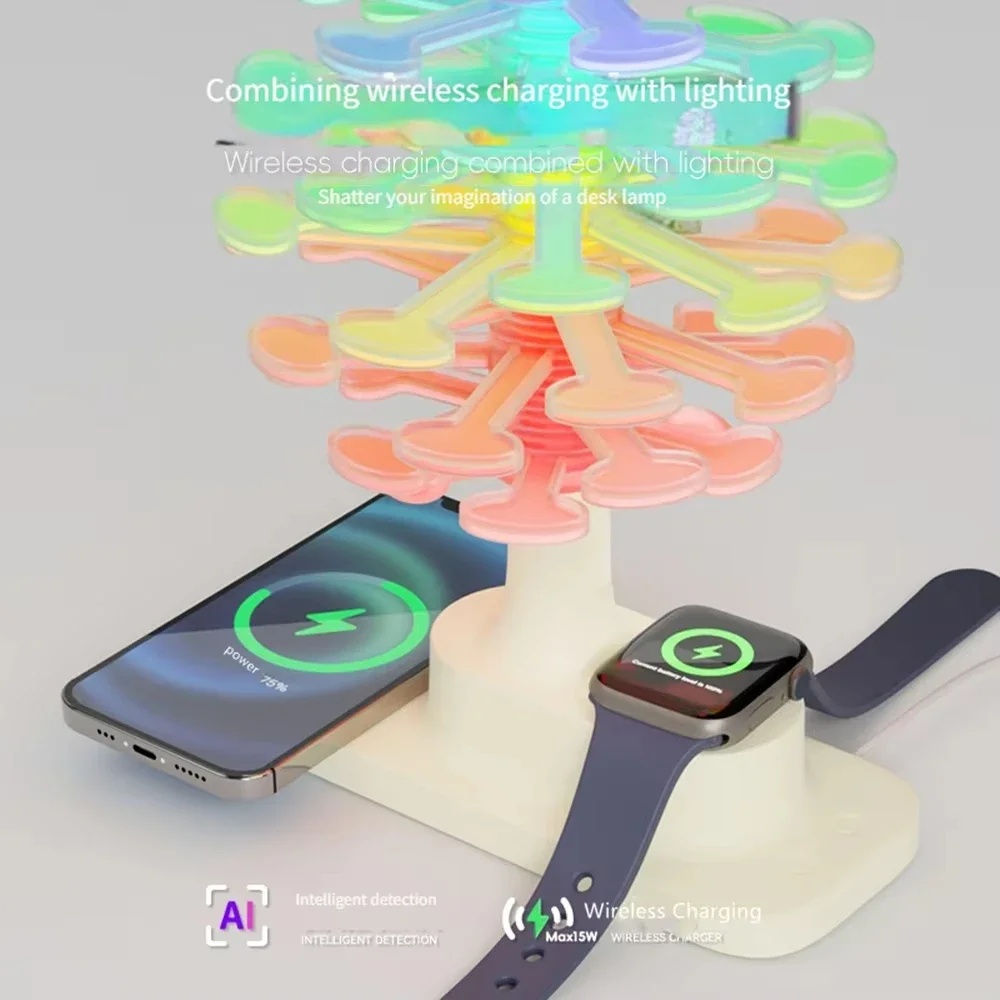 Lamp Spiral Tree Shape Table Lamp with Colorful Lights And Wireless Phone Watch Charging Pad Bedside Lamp Home Decor