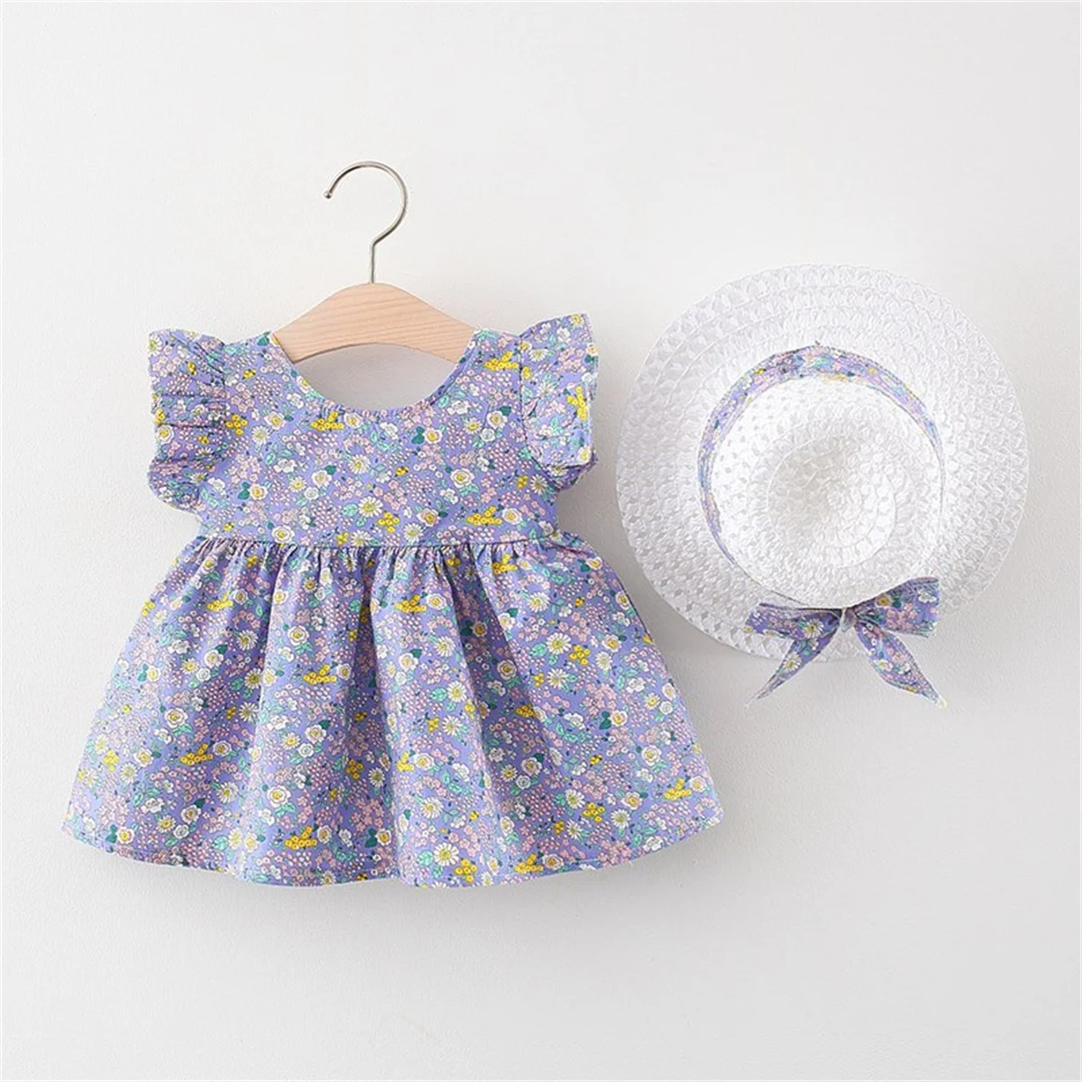 2-Piece Summer Baby Beach Dress+Sunshade Hat Little Girl Back Hollow Small Fragmented Flowers Light Color Sweet Strap Dress