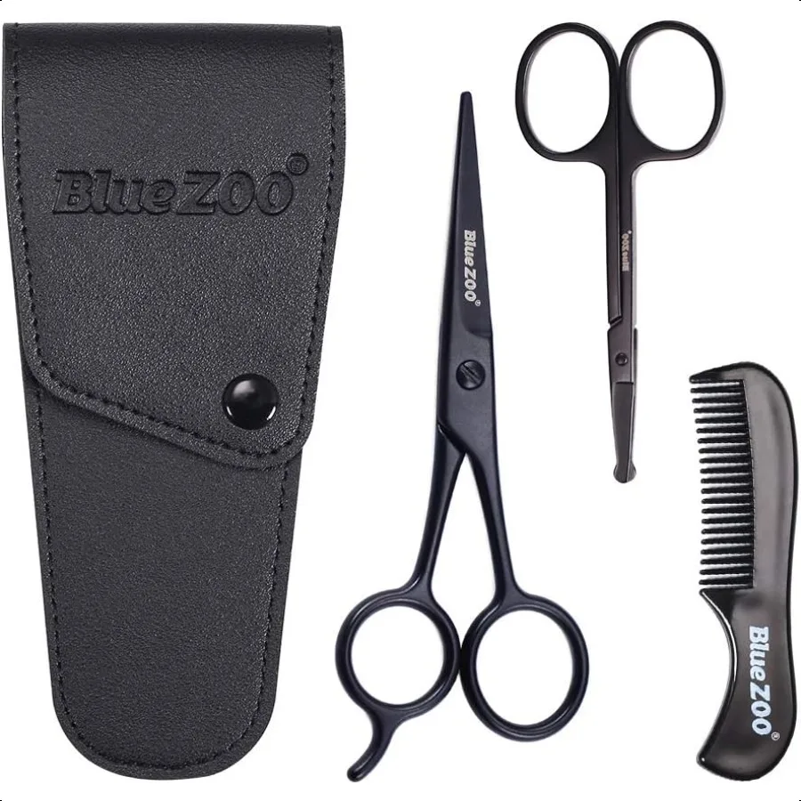 

BlueZOO Beard Mustache Scissors and Comb Kit with PU Storage Bag Rounded Safety Nose Hair Scissor for Men and Women Care Groomi