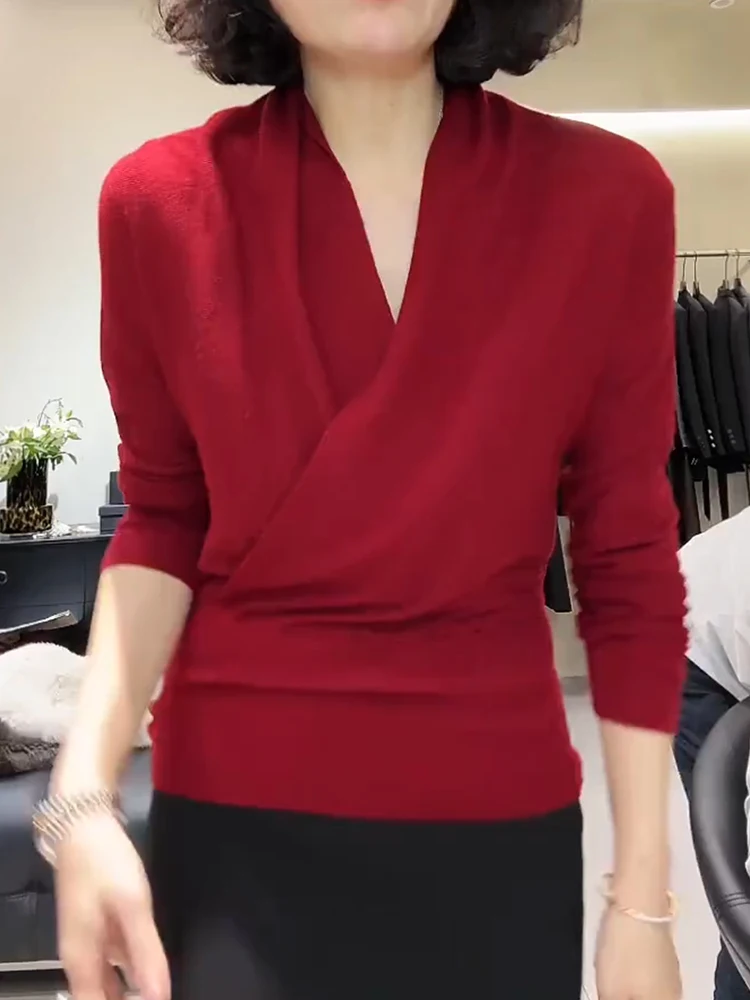 

Faionable Large Size Knitwear V-Ne Cross Design Women's Top Ele Slimming Sle Autumn New Arrival High-End Feeling