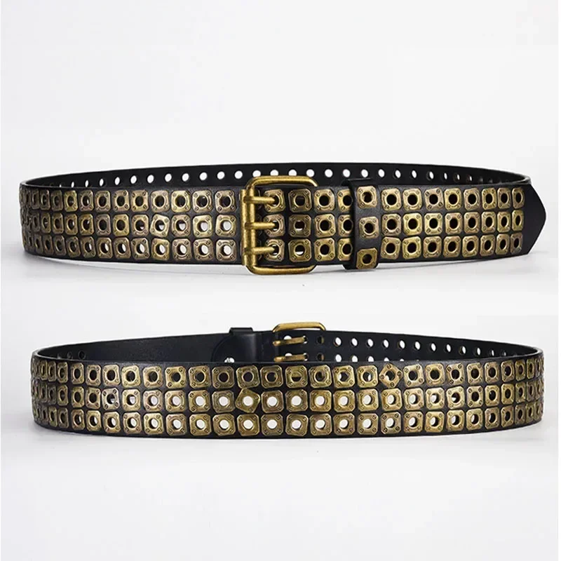 Men Women Belt Rivets Belt Hollow Metal Air Eye Punk PU Punk Hardware Jeans Alloy Buckle Jeans Decorative Accessories Waistband