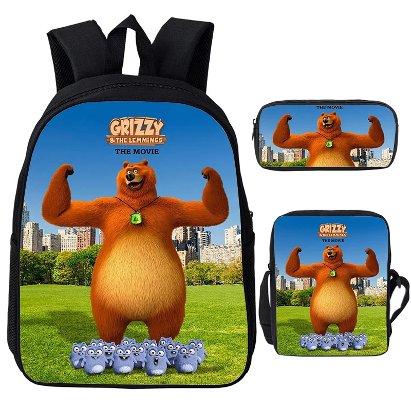 

3pcs Set Grizzy And The Lemmings 3D Backpack Students Nylon Bookbag Large Capacity Schoolbag Kids Bags for Girls Boys Gifts