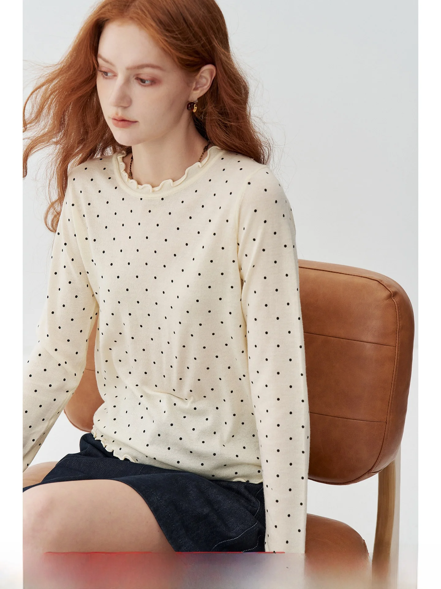 Women's Long Sleeve Knitted Sweater Soft Wool Blend Casual Style Polka Dot Pattern Thin Versatile Shoulder Fit Autumn Top