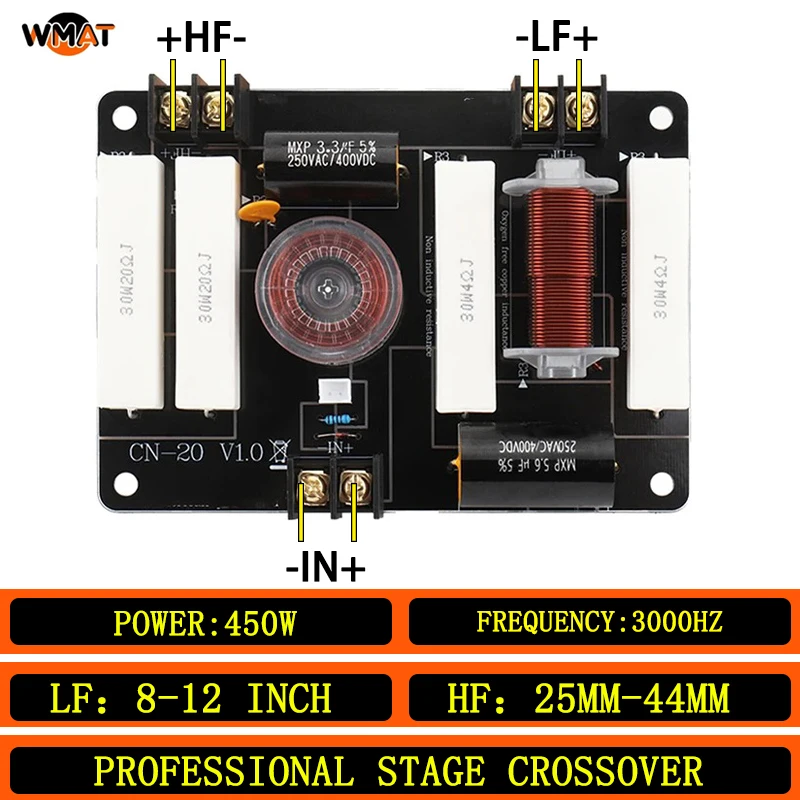 

CN20/Black For 8-12 Woofer and 25-44mm Tweeter Treble Bass Crossover 2 Way 450W Suitable for stage and home audio 3000Hz