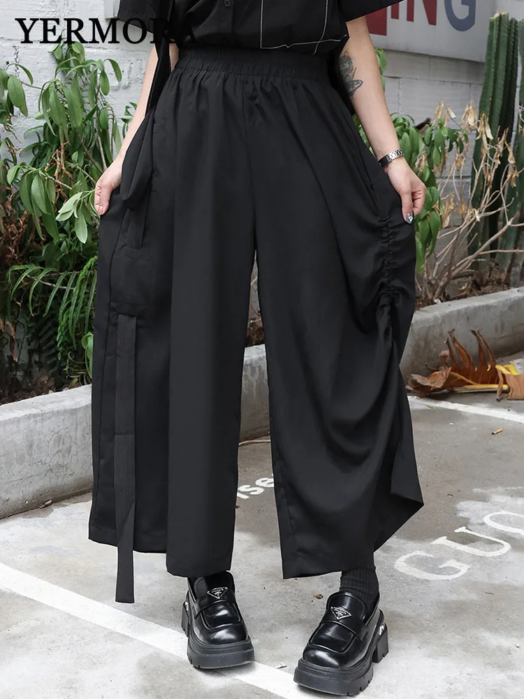 

YERMORA High Elastic Waist Black Asymmetric Ribbon Wide Leg Pants For Women Loose New Trousers Fashion Spring Autumn 2025 A910