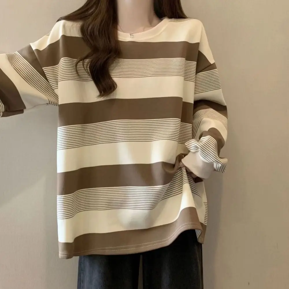 Sweet Retro Long Sleeve T Shirt Loose Plus Size Striped Blouse Chic Stylish Bottoming Top Autumn
