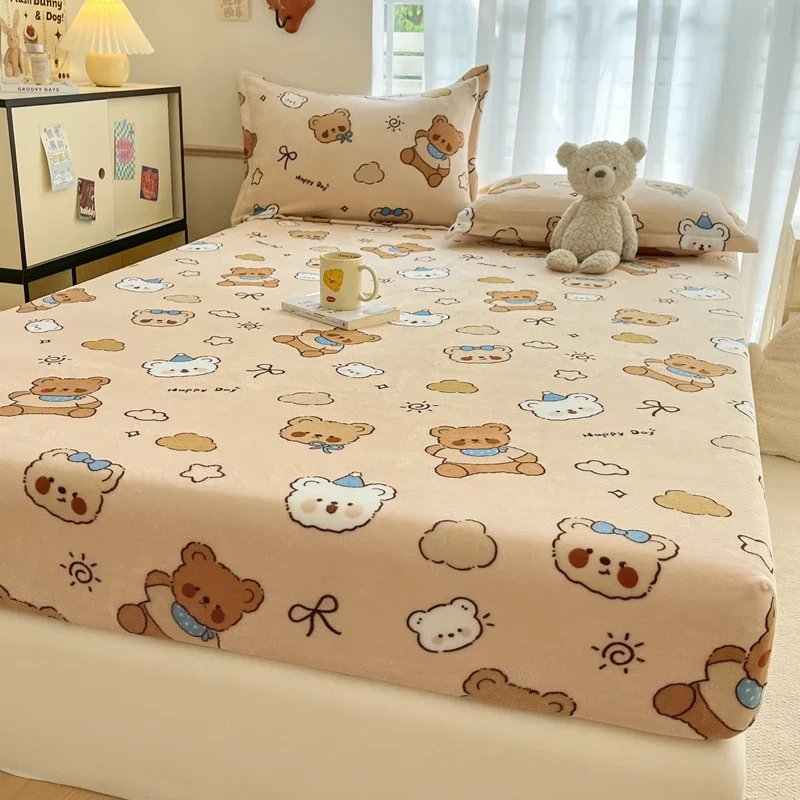 Cute Cartoon Bear Pattern Flannel Fitted Sheet Set Warm Breathable Super Soft Deep Pockets Mattress Cover for Kids Boys Girls