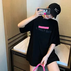 Korean Women's Clothing Loose Ladies Short Sleeve Tops O-neck Summer Solid Color Pullovers 2024 New Mid Length Version T-Shirts